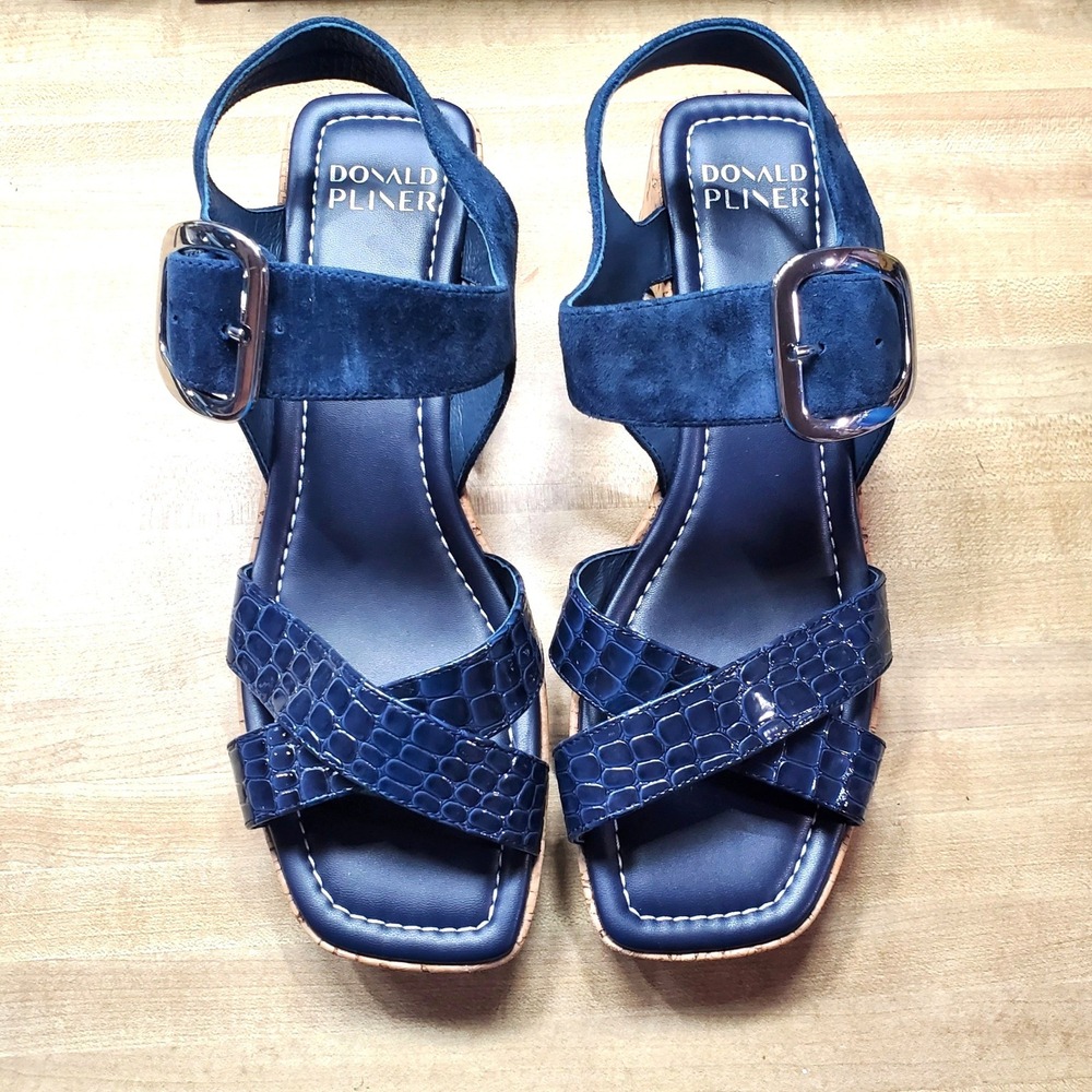 Donald Pliner Rolli Navy Blue Suede Croc Embossed Cork Platform Sandals 8.5